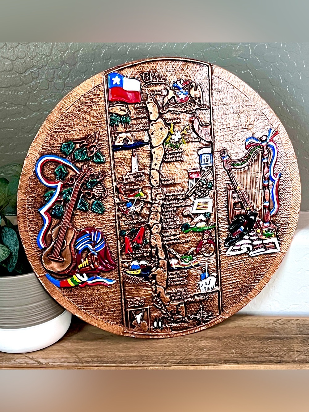 Vintage Hand Hammered Copper Relief Map Plate Chile Souvenir Wall Art 15”